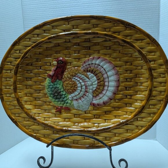 Beautiful Thanksgiving Turkey Serving Platter Handpainted 18"x14" Autumn ceramic - Picture 5 of 6